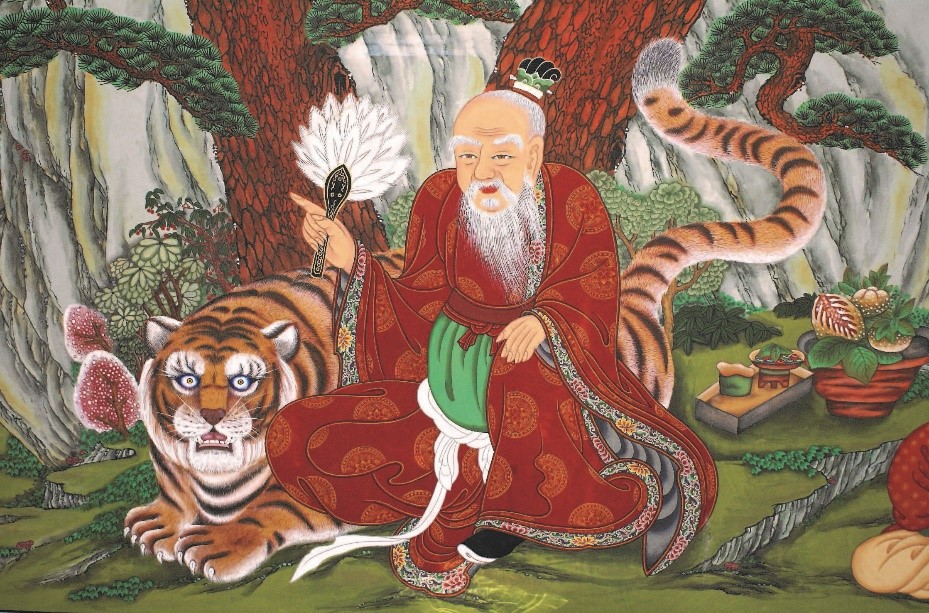 Un sanshin o espíritu de las montañas, acompañado por un tigre guardián, en el monte Odae (Corea del Sur; reproducido con permiso)