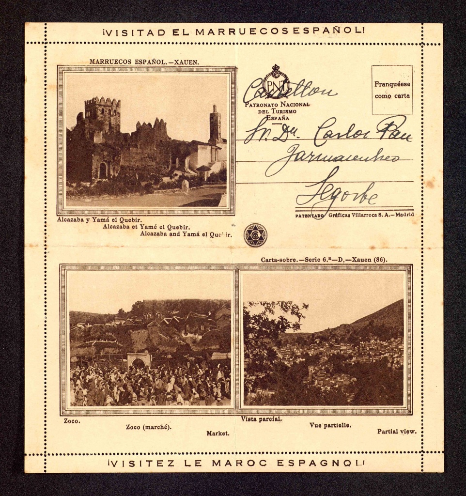 Marruecos Espanol, Xauen, Alcazaba y Yamá el Quebir. Zoco, mercado. Xauen, vista parcial, 1930.